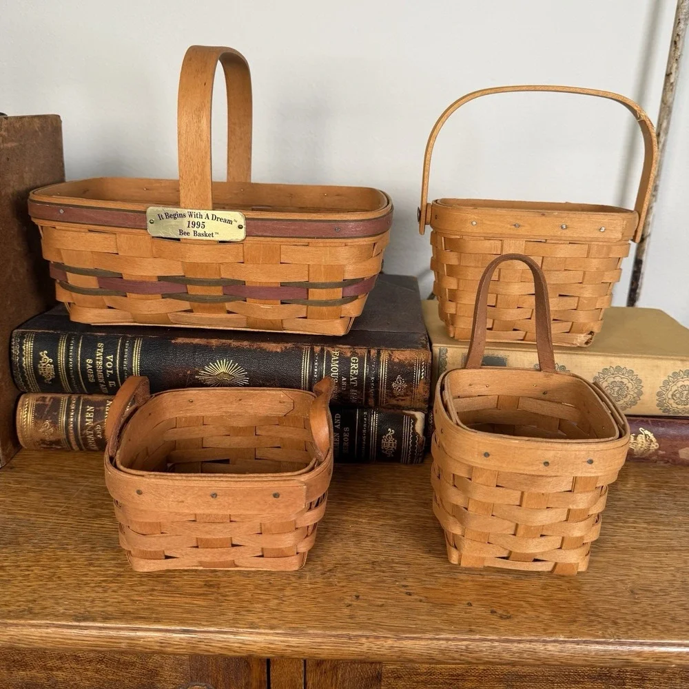 Vintage Longaberger Baskets Lot Of 4 Various Sizes Bee Basket Signed GUC